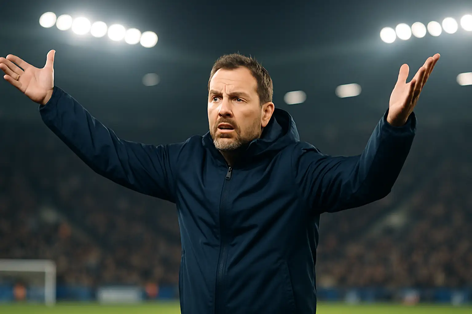 A football coach gesturing angrily toward the referee on the sideline during a match