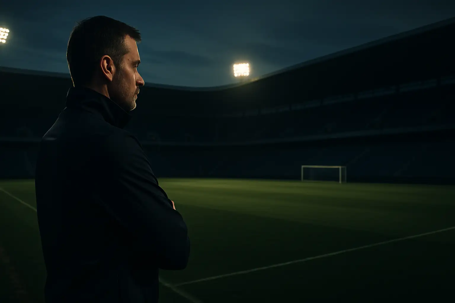 A football coach standing alone on the touchline looking tense during a match