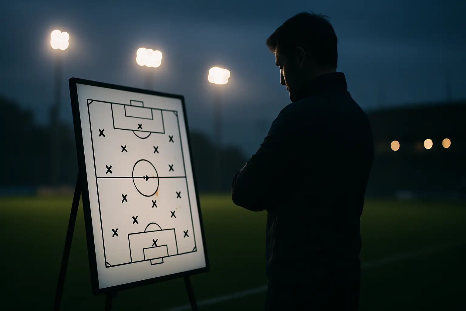 A football coach studying a tactical board on the sideline during a match