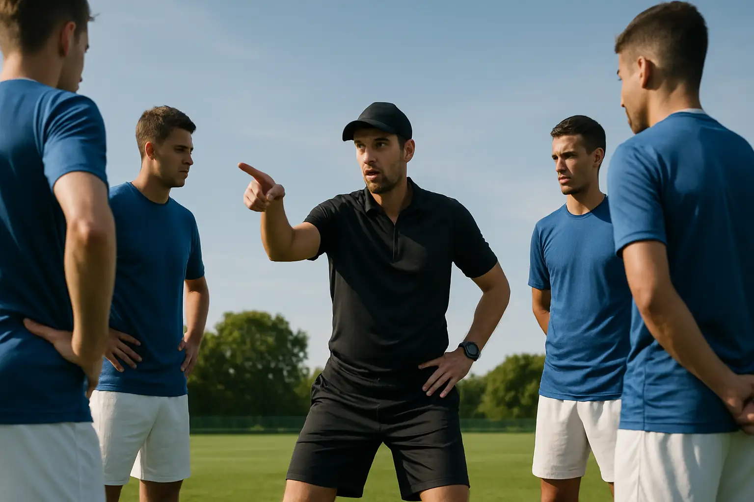 Australia football coach speaking to players on the pitch during a training session