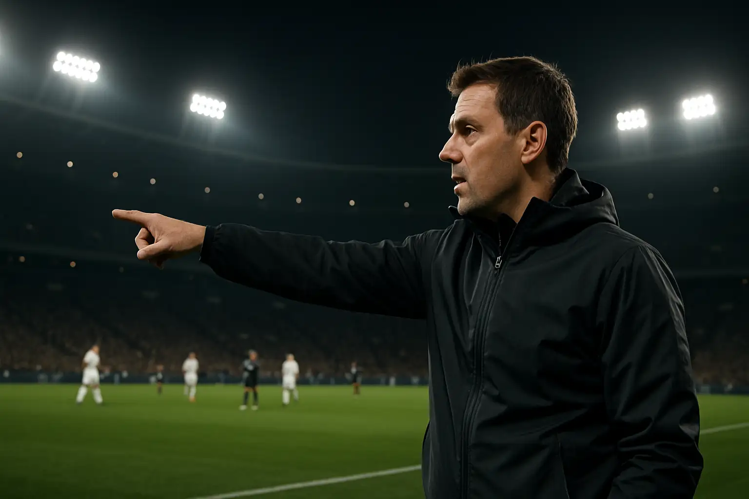A football coach gesturing on the sideline during an international match