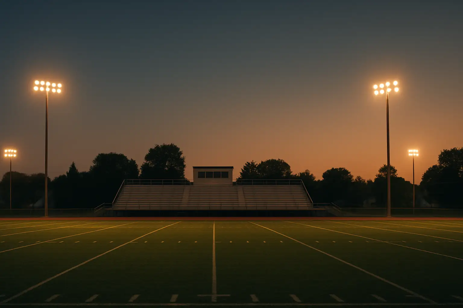 Empty high school football field at dusk with stadium lights glowing