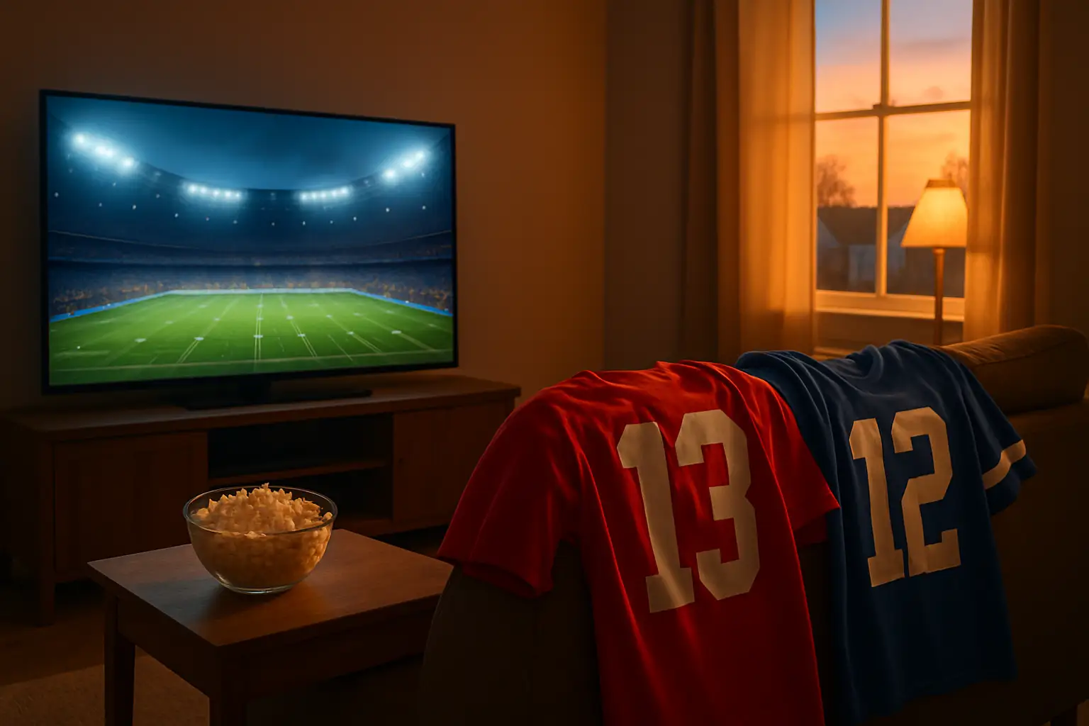 A television screen displaying a live football match broadcast with stadium lights in the background