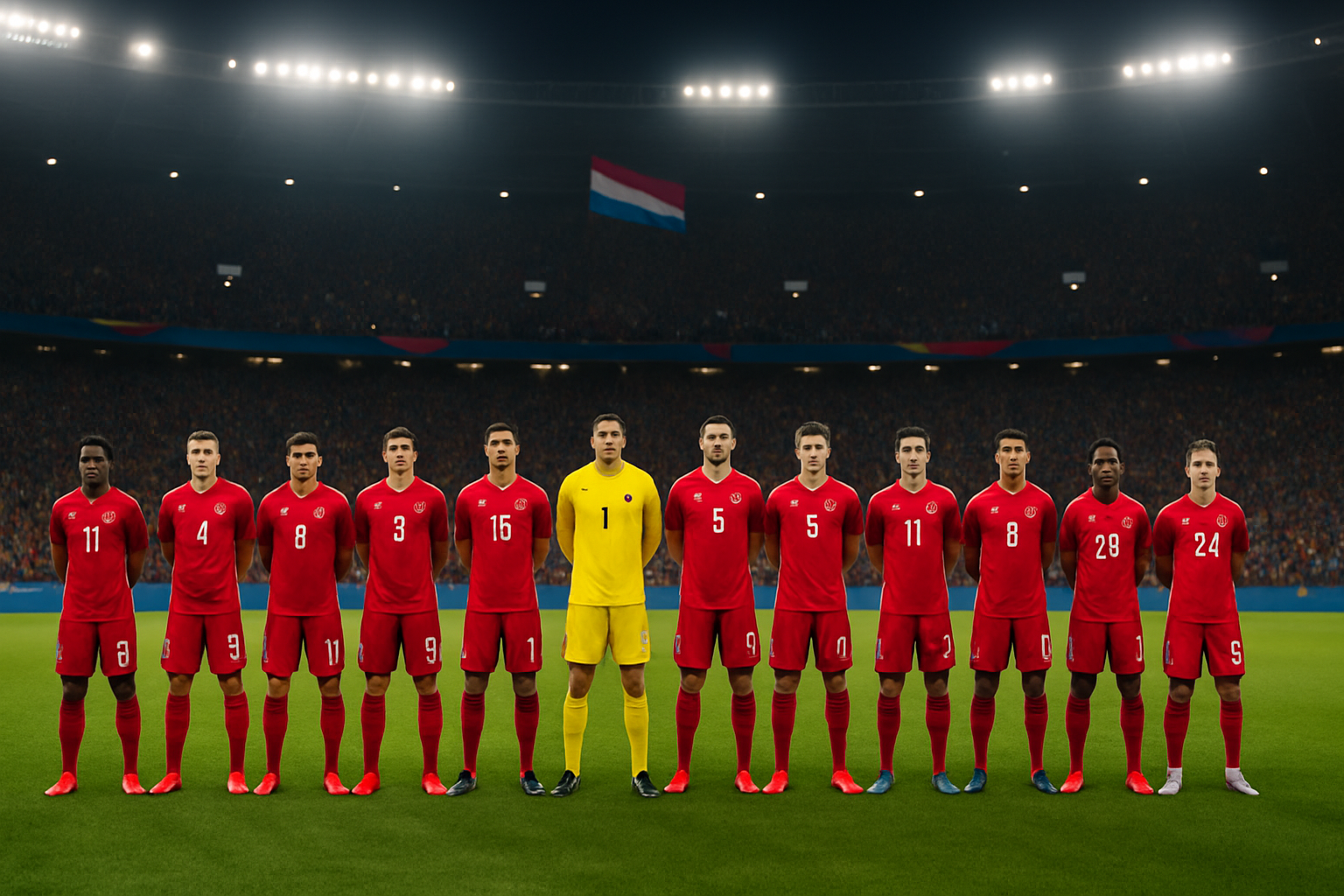 Portugal players standing in a line on a football pitch during the national anthem ceremony at the 2026 FIFA World Cup