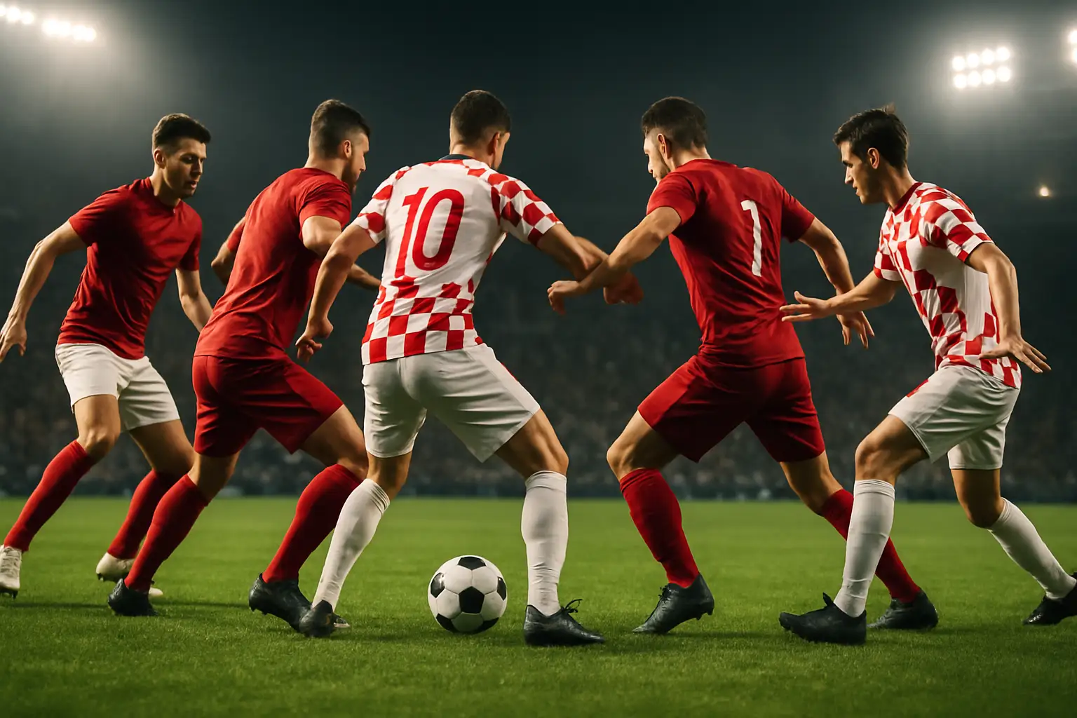 Portugal and Croatia football players competing on the pitch during a live international match