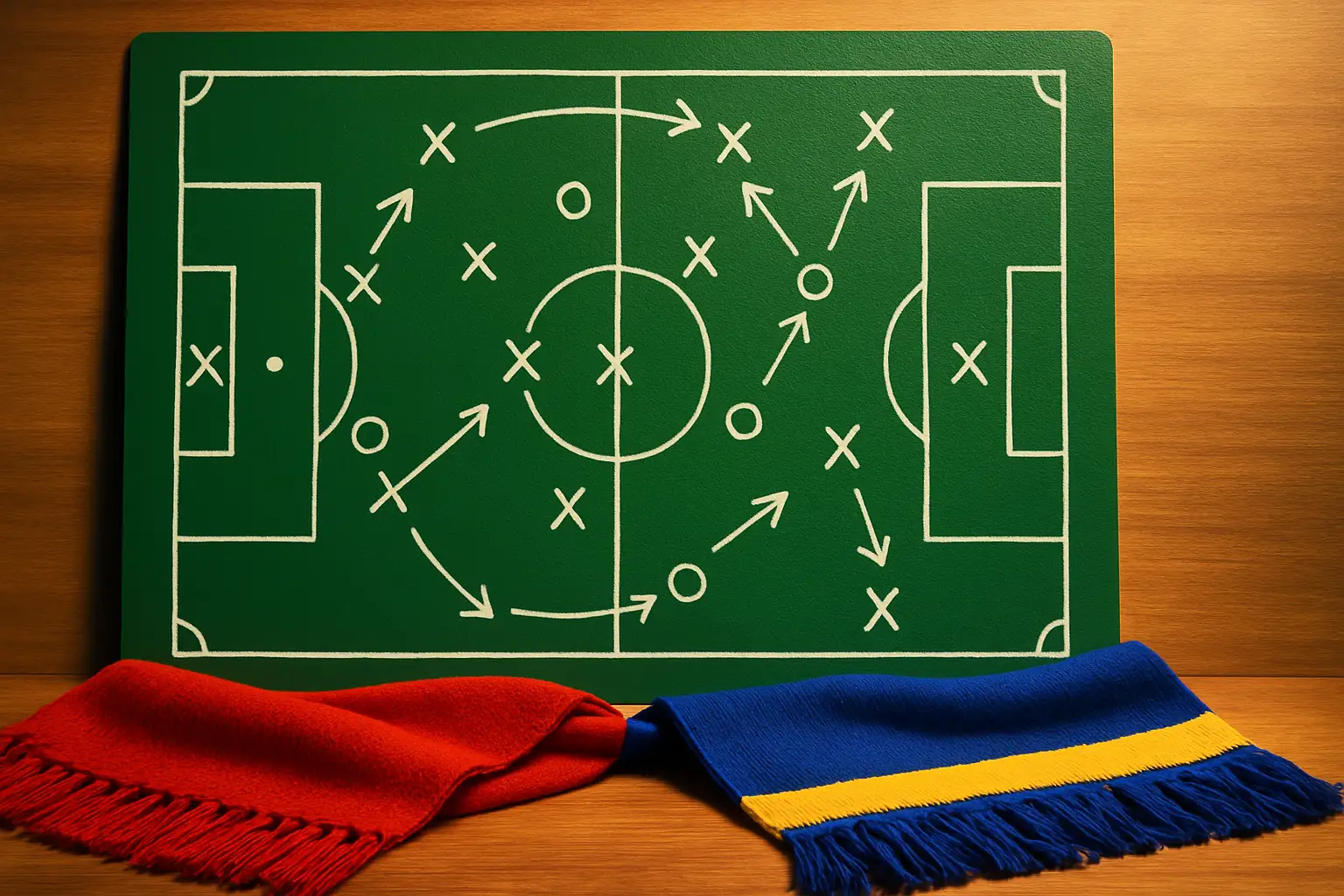 Football tactics board with Portuguese and Scottish football scarves placed side by side on a wooden table