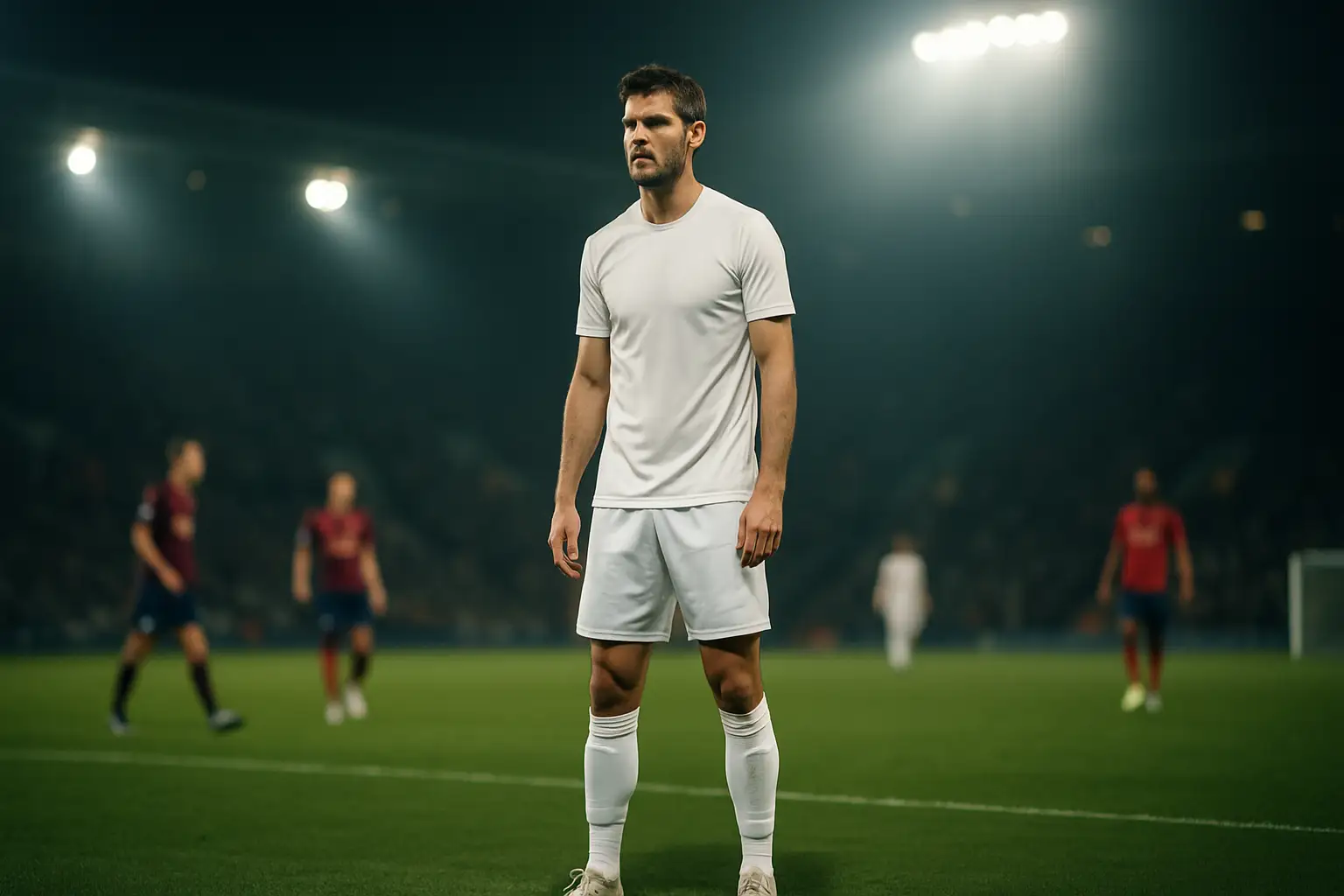 A football defender standing firm on a pitch during an international match