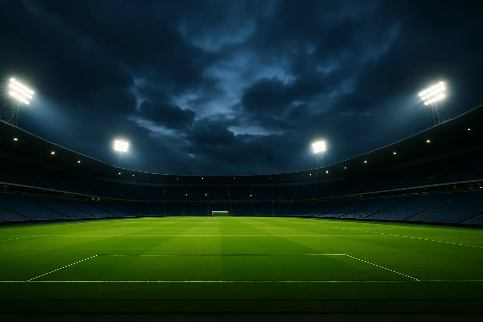 A football stadium at dusk with an empty pitch under floodlights, symbolising tension in football governance