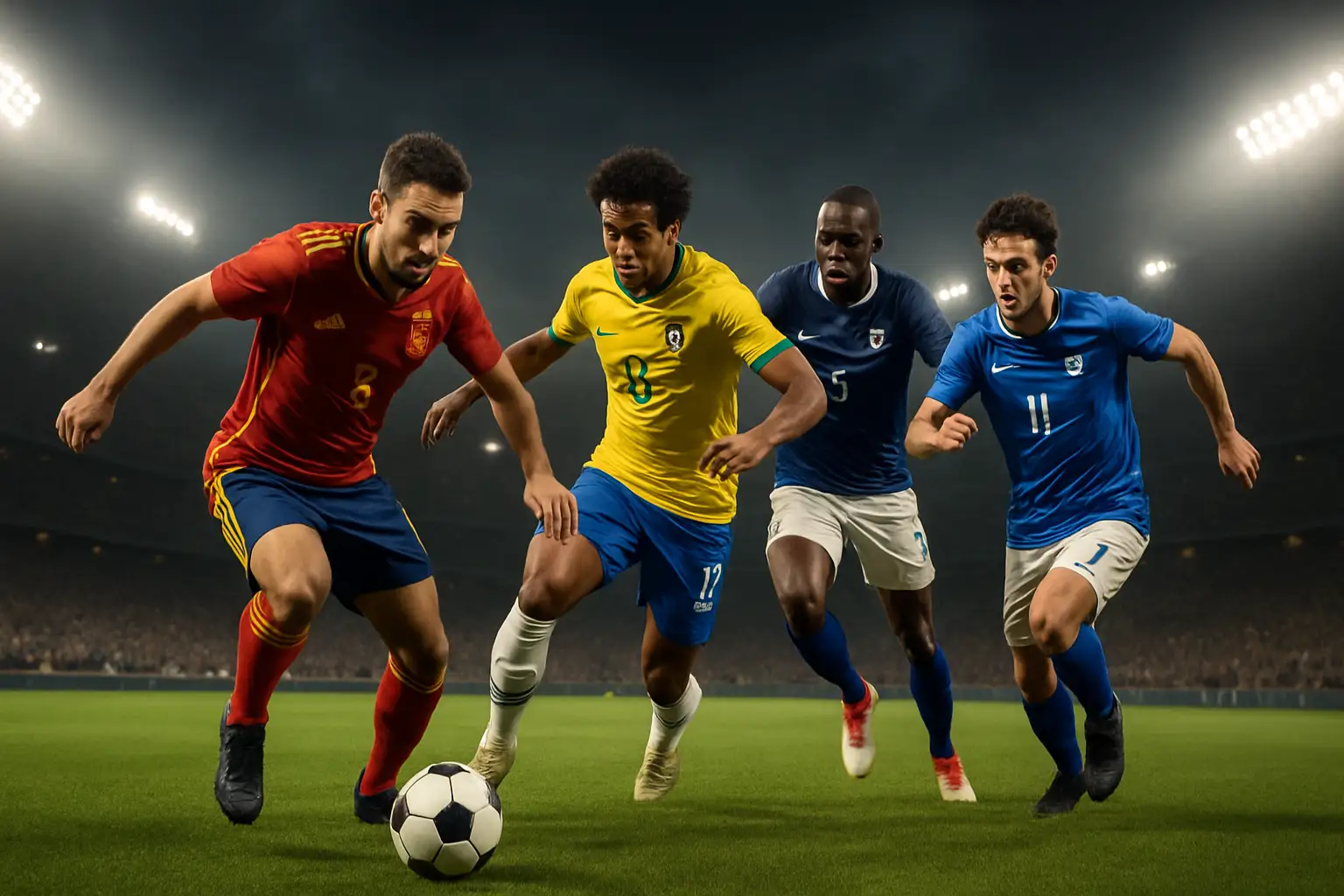 Football players in action during a major international tournament with stadium lights overhead