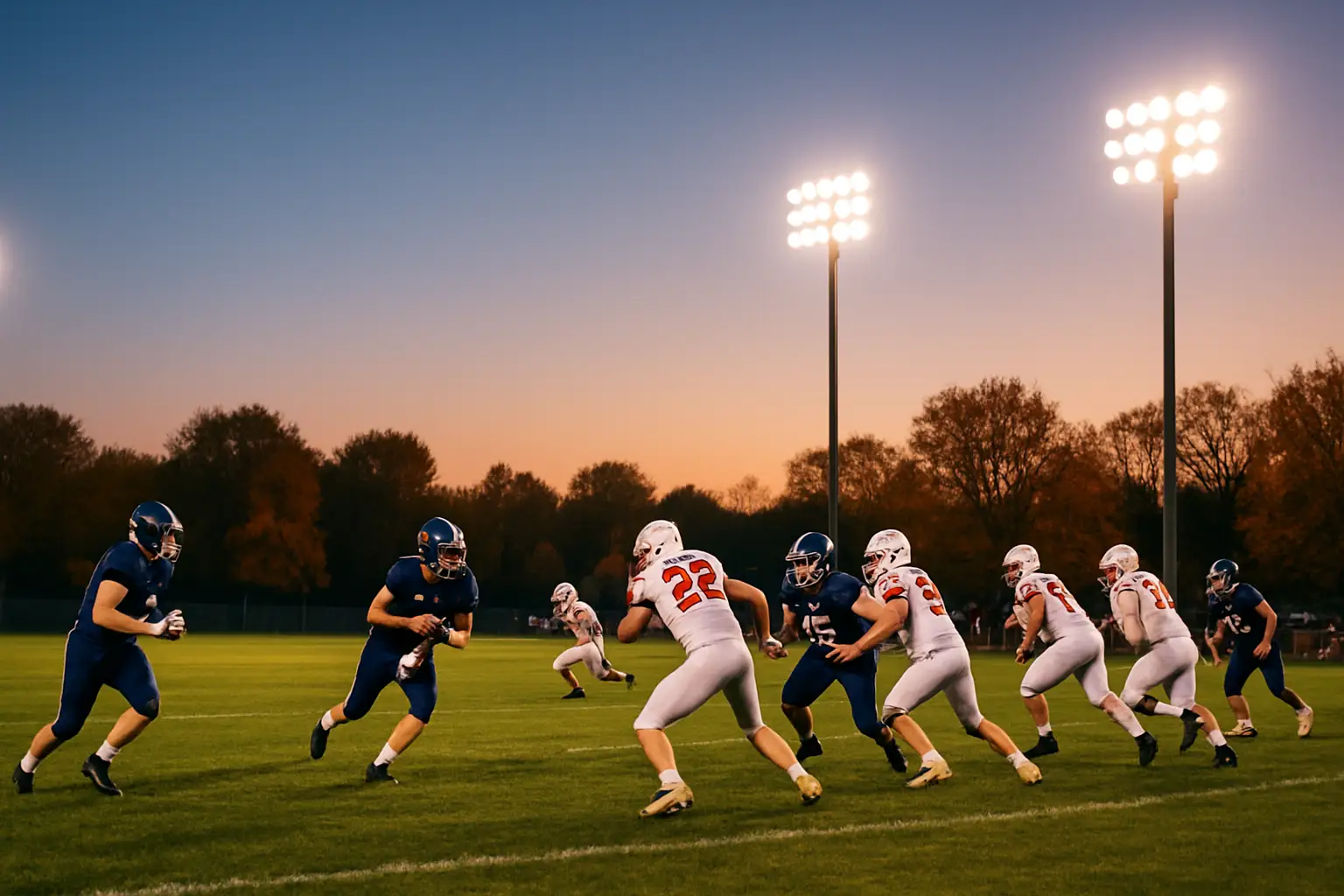 High school football players on a field during a Friday night prep game in Wisconsin
