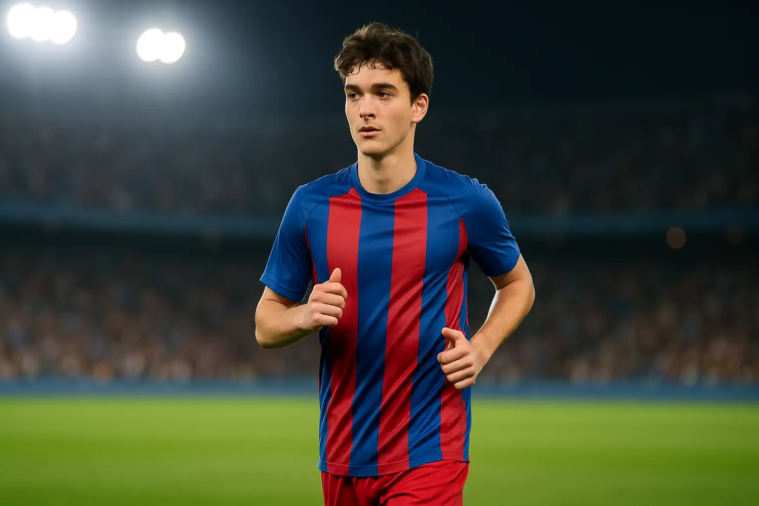 A footballer in a white and blue Paris kit preparing to take a shot in a stadium at night