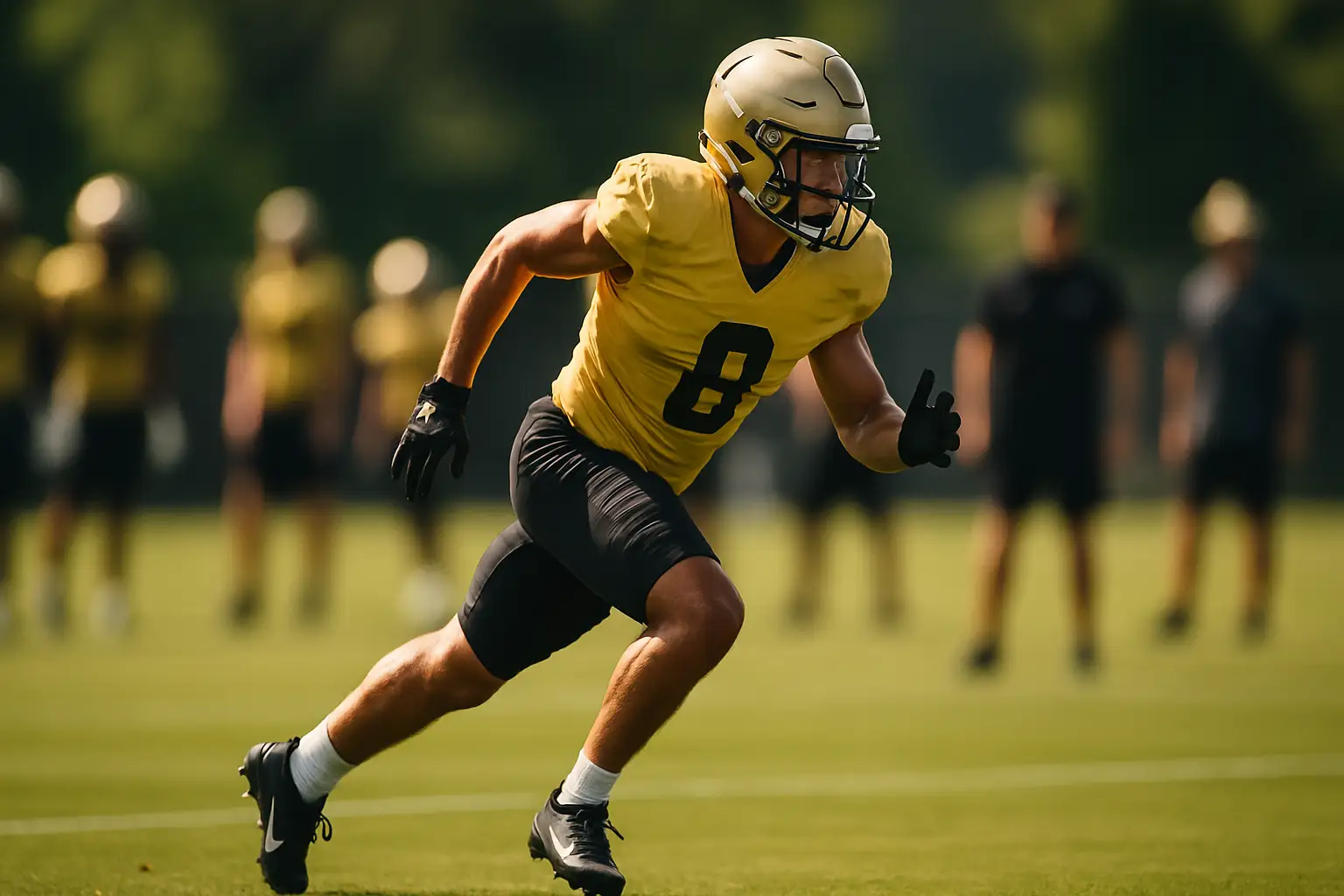 Purdue Boilermakers tight end running a route on a college football field during practice
