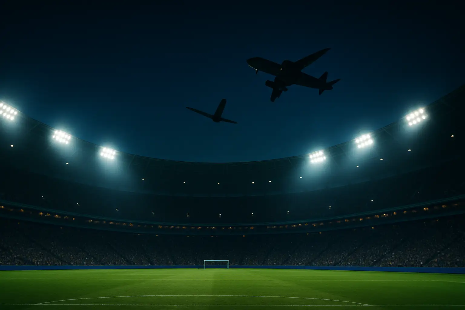 An airplane flying over a football stadium lit up at night during a major match