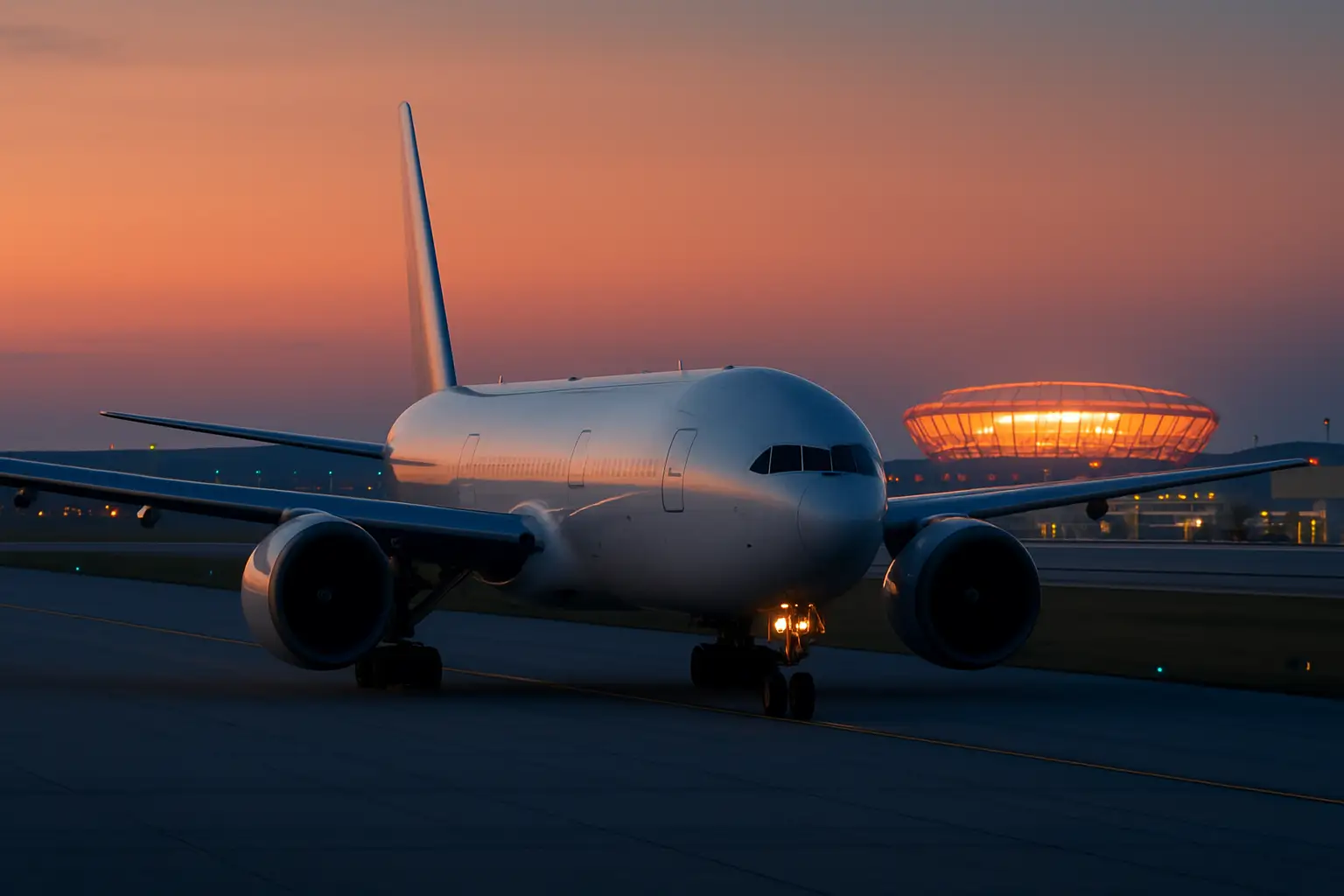 Qatar Airways aircraft on a runway with a football stadium visible in the background at dusk