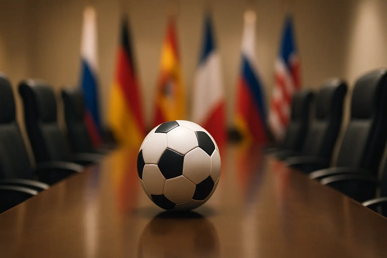 A football resting on a conference table with flags of various nations in the background, symbolizing international football governance discussions