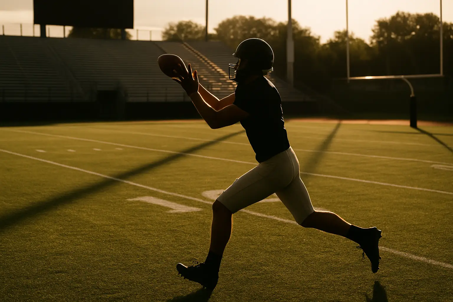 A wide receiver catching a football on a college football field during practice