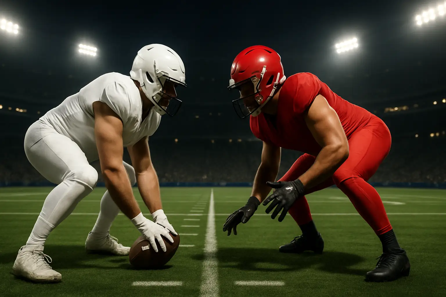 Two running backs in NFL uniforms competing on a football field during a game
