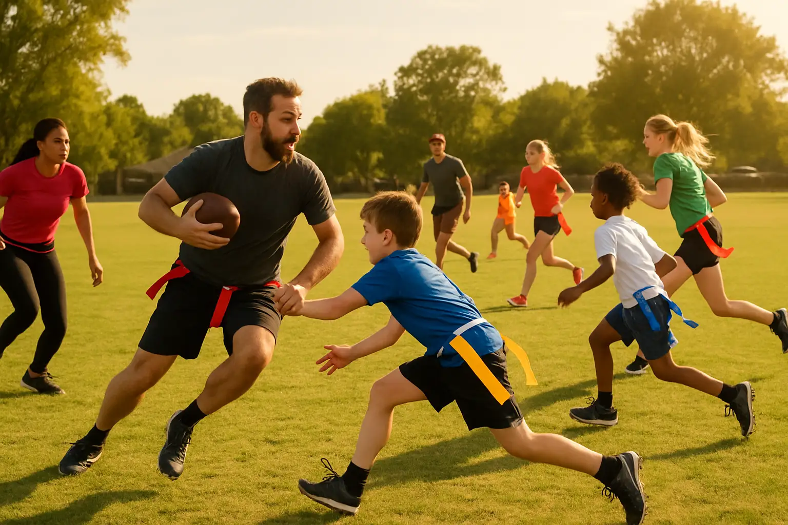 Players participating in a flag football celebration event on a green field with colorful flags attached to their waists