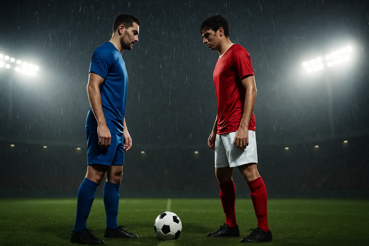 Two rival footballers facing off on a rain-soaked Premier League pitch under floodlights