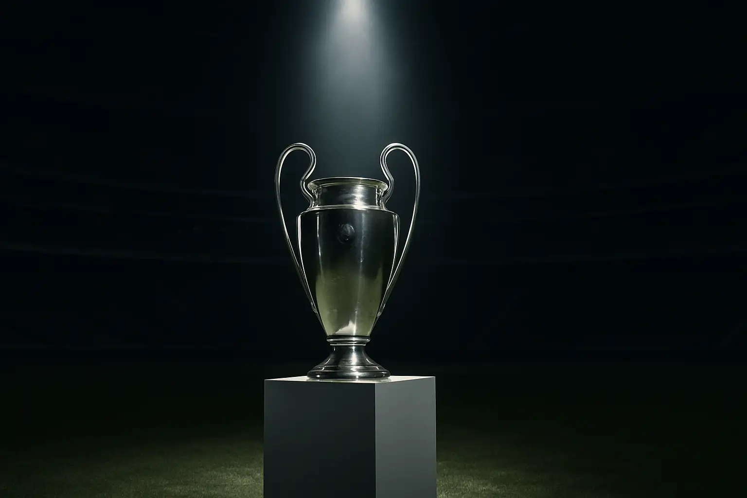 A historic football trophy displayed under spotlight in an empty stadium