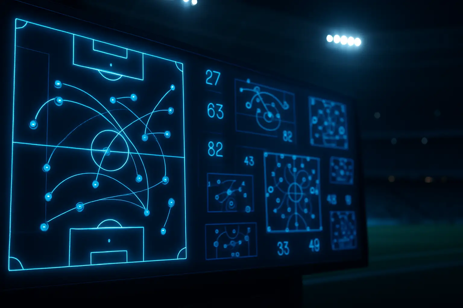 A digital data dashboard displaying live football match statistics on a glowing screen