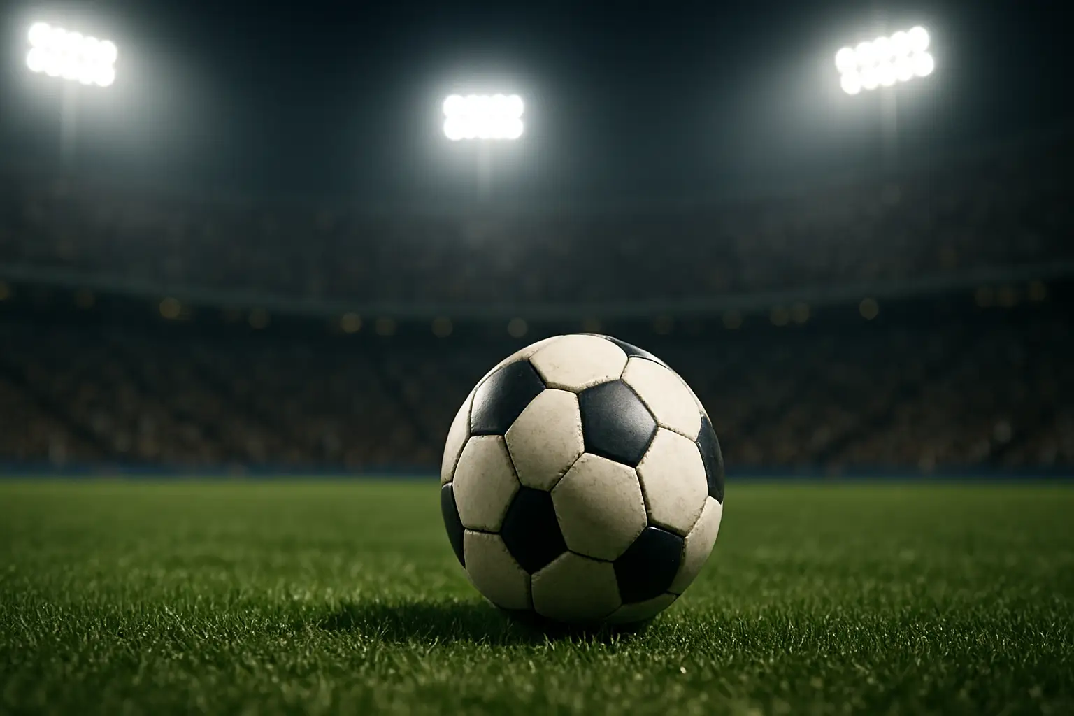 A football on a pitch under floodlights with a blurred stadium crowd in the background