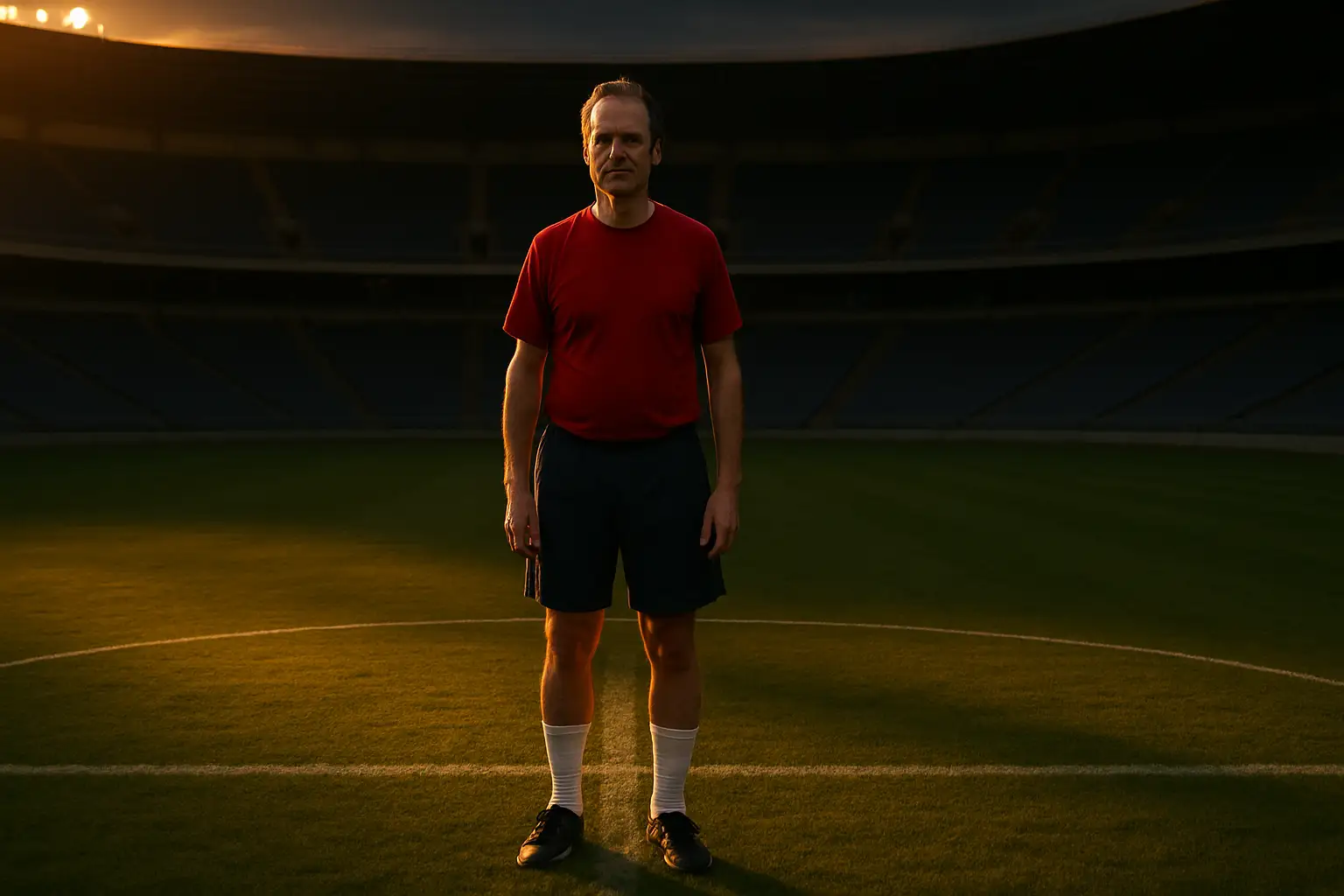 A veteran footballer standing calmly on a pitch at sunset, looking into the distance in a reflective pose