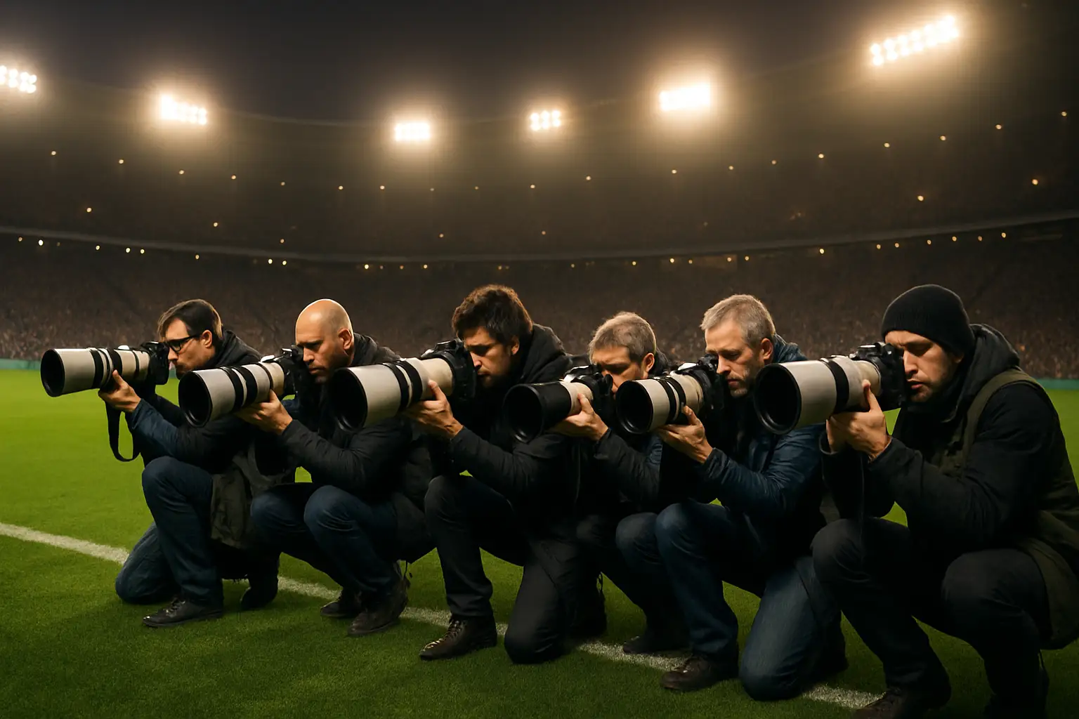 Camera operators and photographers lined up along the touchline of a World Cup stadium at night