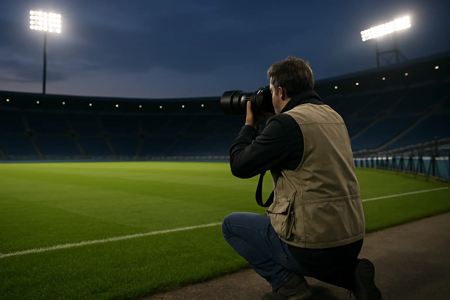 A football photographer crouching pitchside capturing match action under floodlights