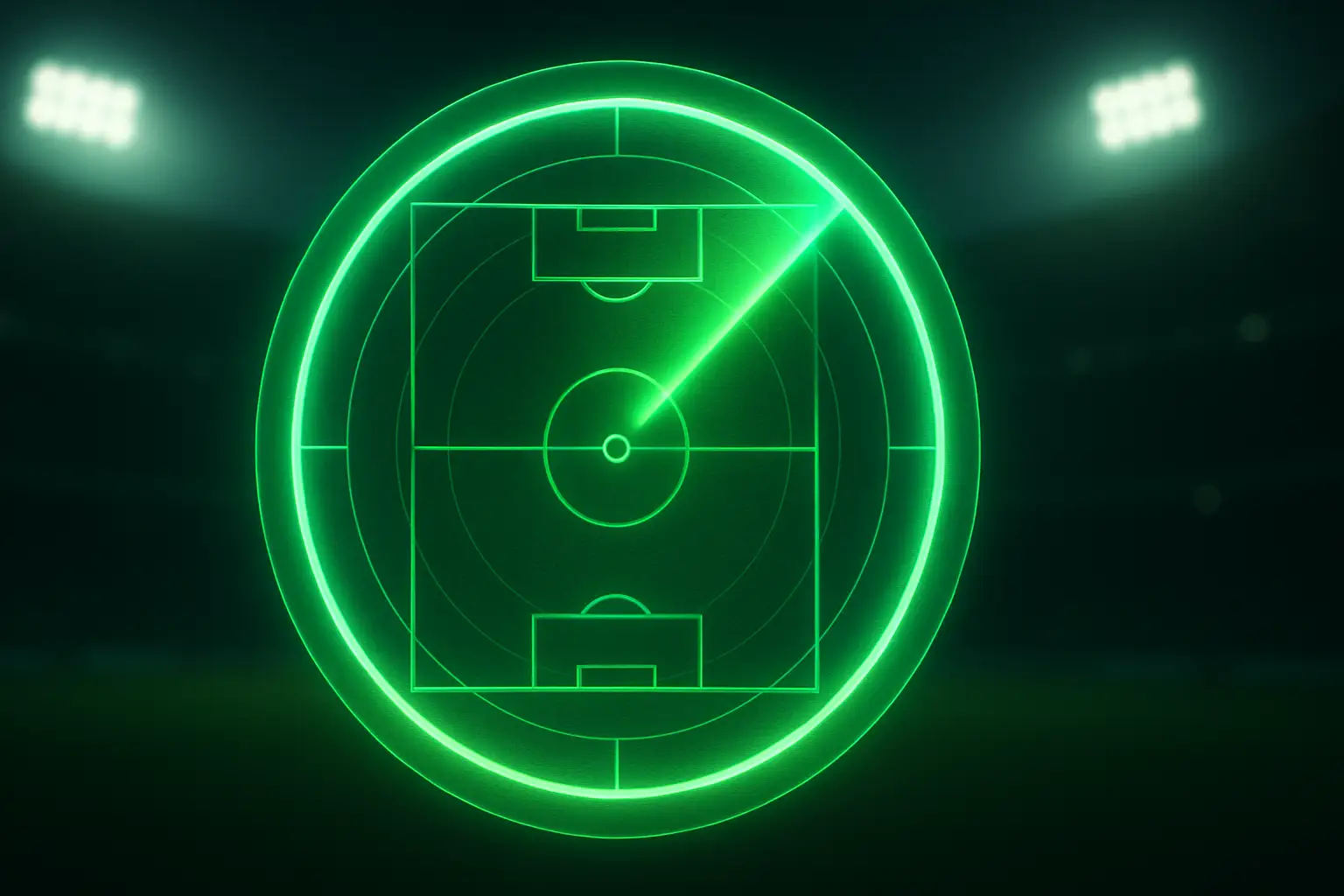 A glowing radar screen with football pitch markings overlaid, representing sports intensity tracking