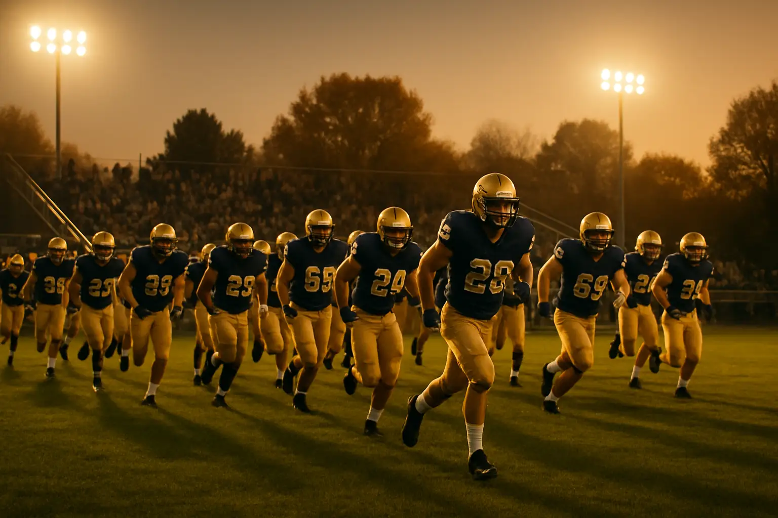 High school football players taking the field at the start of the Rhode Island season
