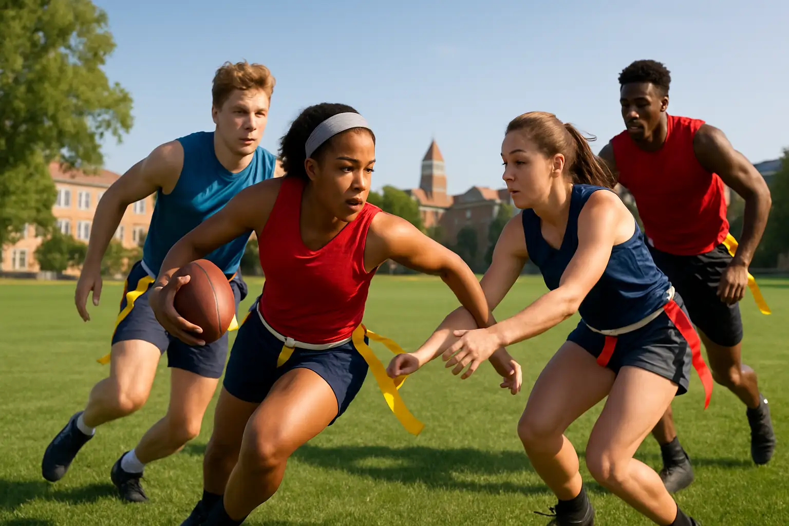 College students playing flag football on a green field during a sunny afternoon game