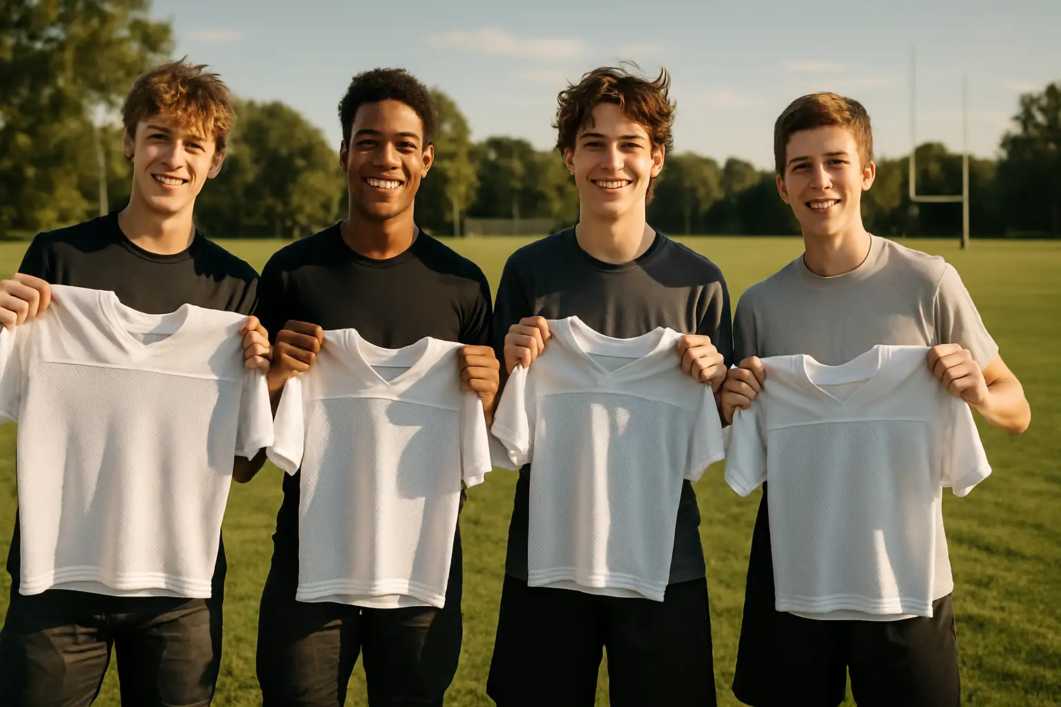 High school football players holding up new jerseys on a practice field