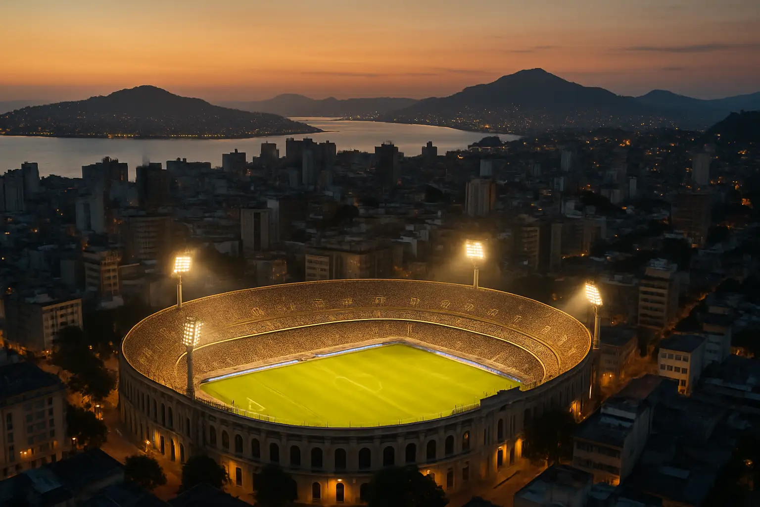 Aerial view of a large football stadium in Rio de Janeiro at dusk with floodlights illuminating the pitch