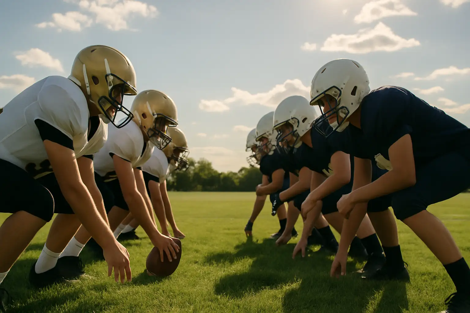 High school football players line up at the line of scrimmage during a preseason game under summer skies