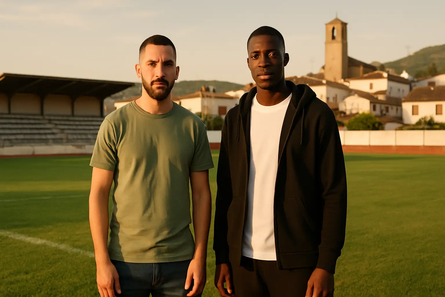 Two athletes standing together on a small regional football pitch in Spain
