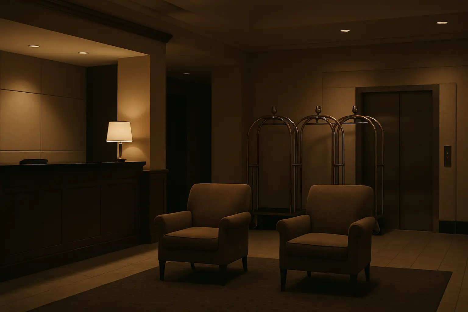 Empty hotel corridor with luggage carts idle near elevator doors, suggesting low occupancy