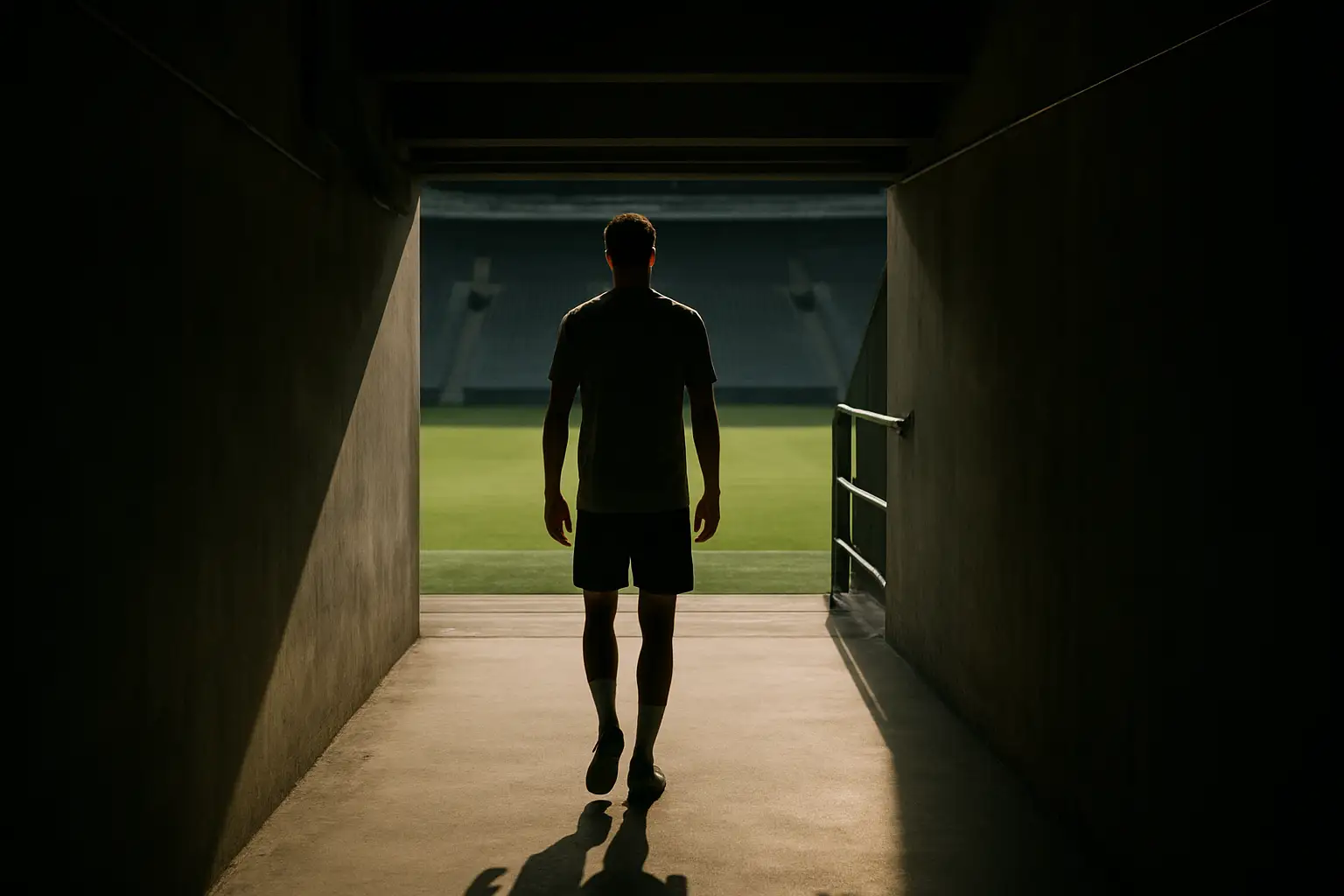 A football player walking through a stadium tunnel toward a bright pitch