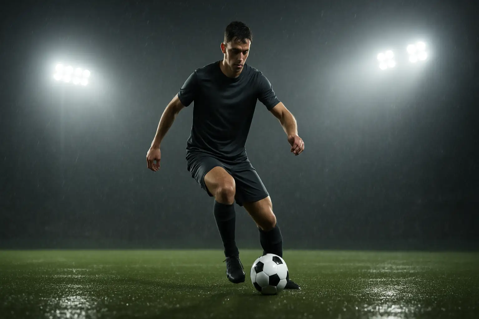 A footballer in midfield controlling the ball during a high-stakes match under floodlights