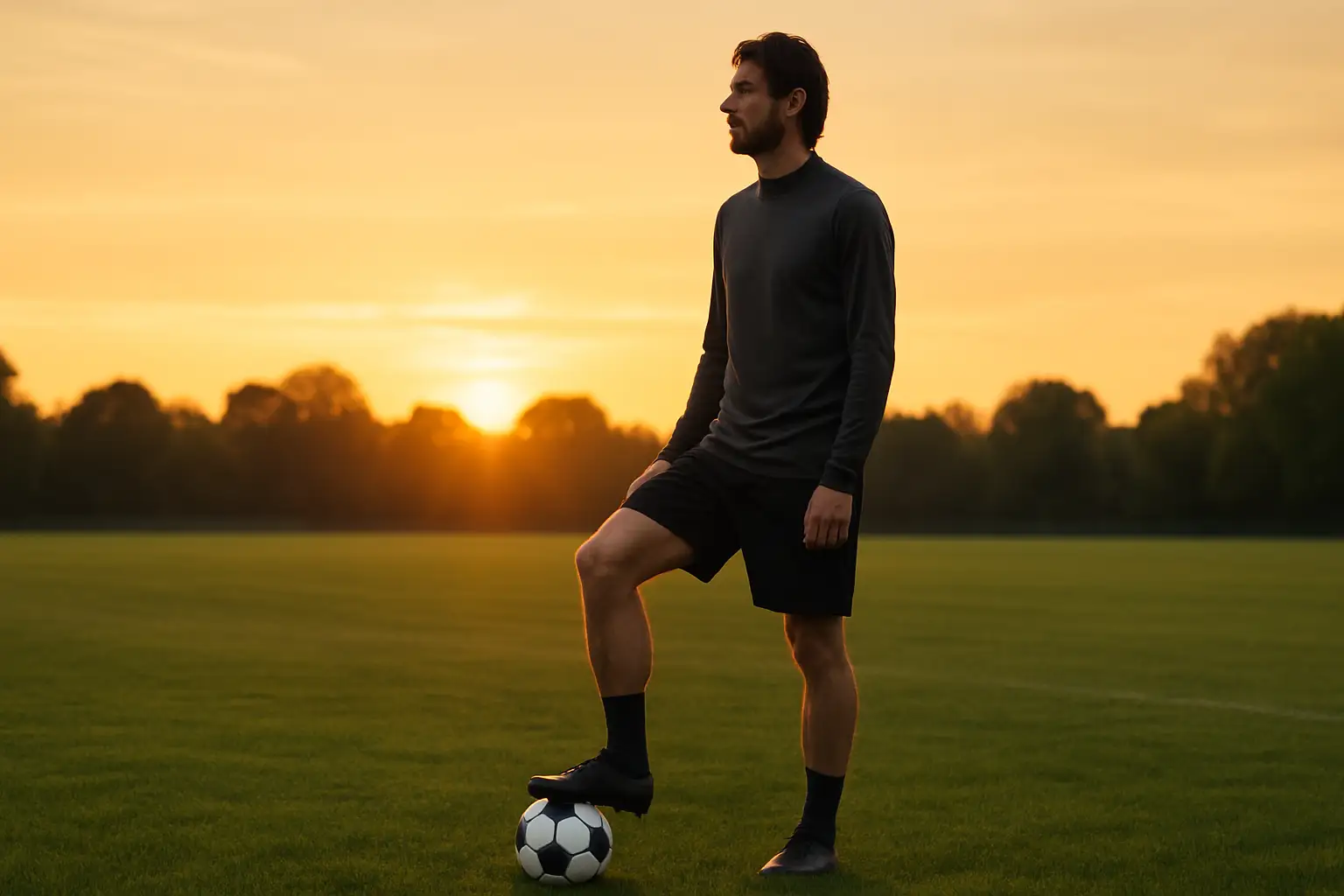 A midfielder in training, preparing to pass the ball on a sunlit football pitch