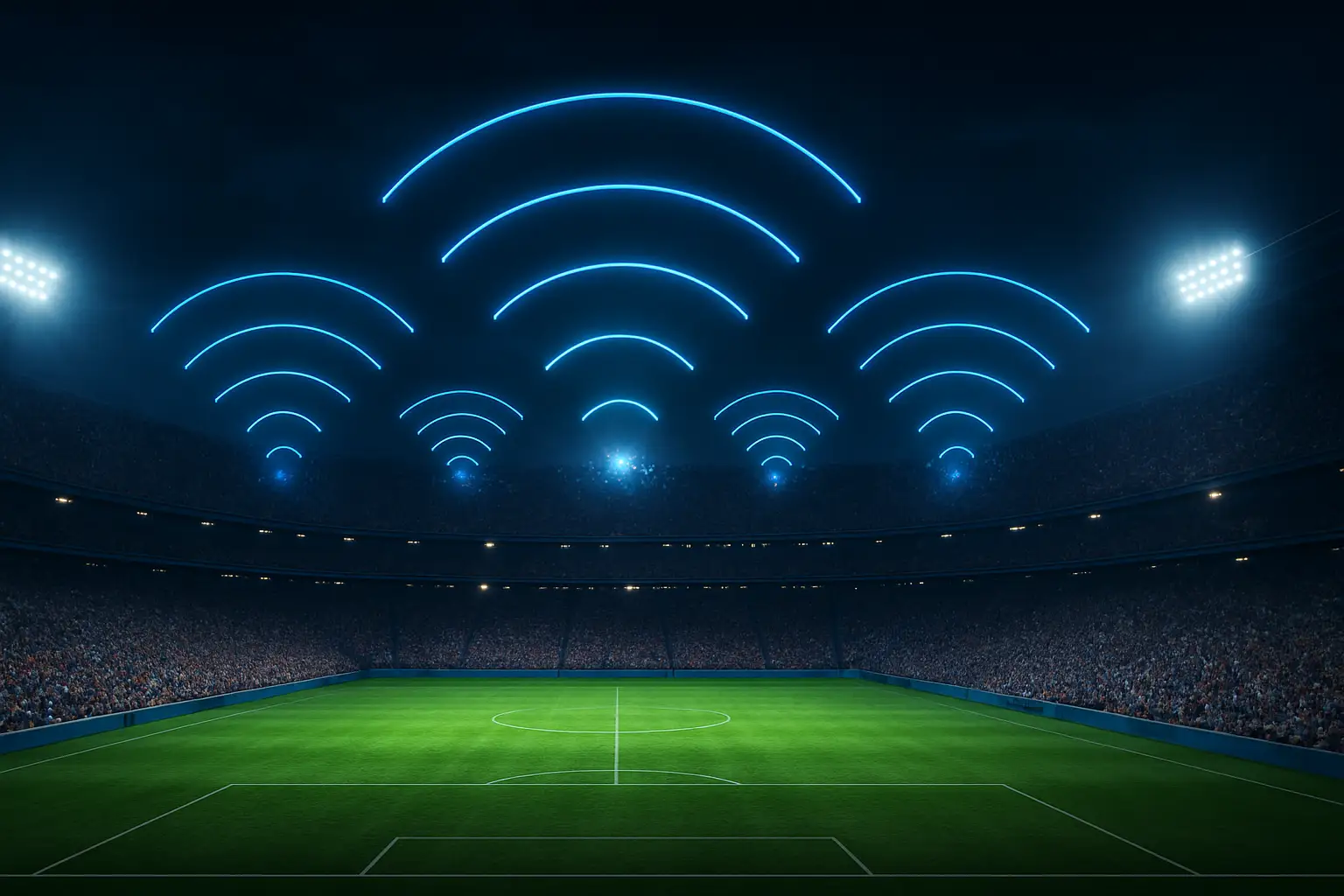Packed football stadium glowing at night with digital network signals radiating from the crowd