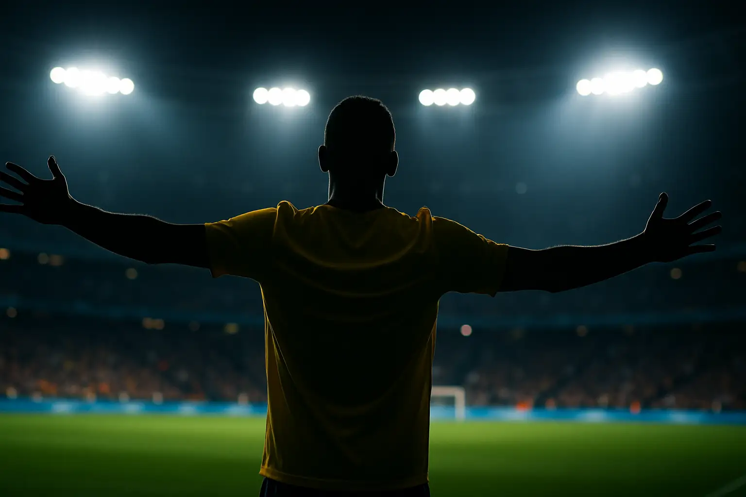 A footballer in a yellow Brazilian jersey celebrating on a European stadium pitch at night