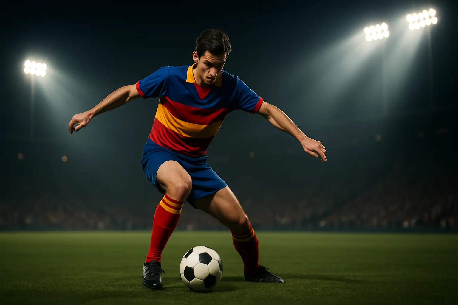 A football player in a yellow and blue kit performing a skill move on a pitch at night under floodlights