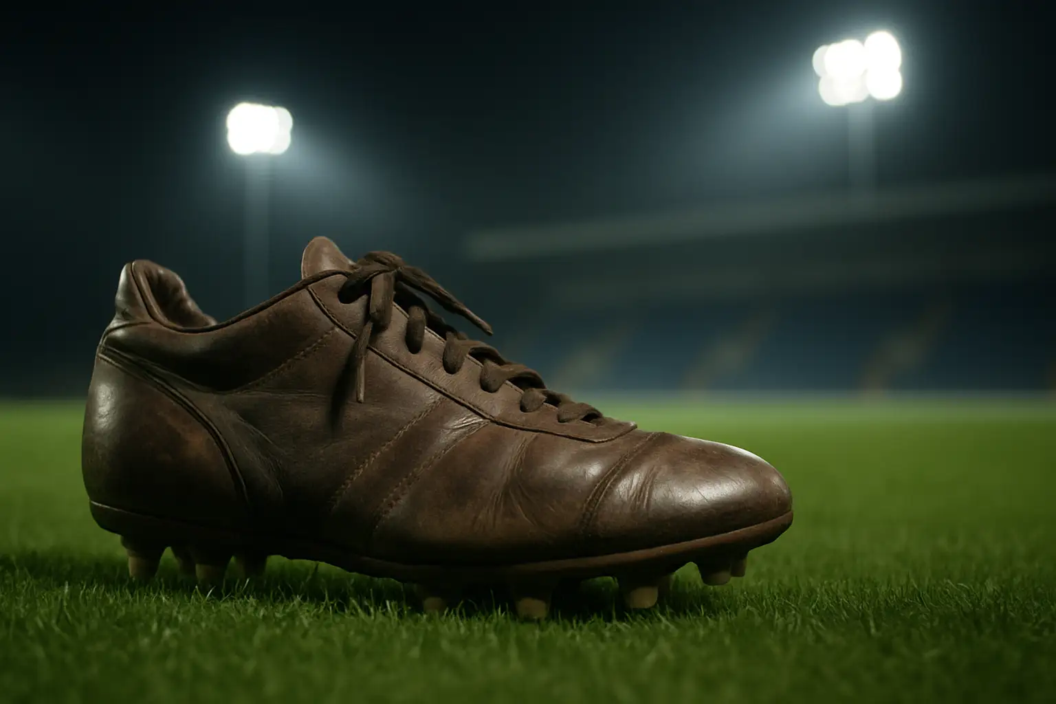 A vintage football boot resting on a lush green pitch under stadium floodlights