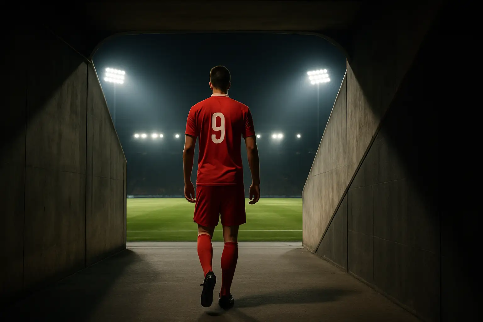 A lone footballer in red walks toward a glowing stadium at night under floodlights