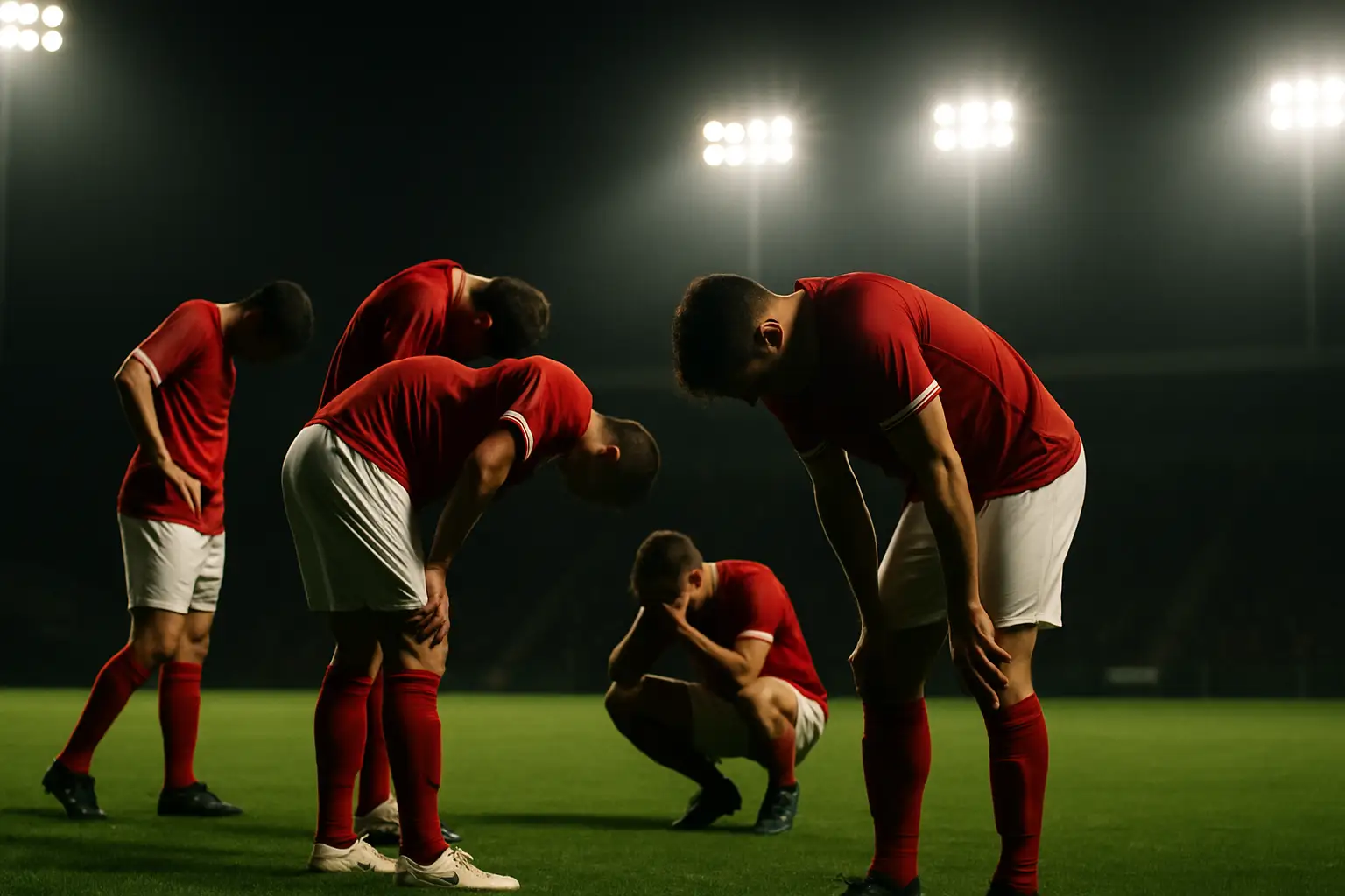 Portugal football players standing on a pitch looking downcast after a tournament exit