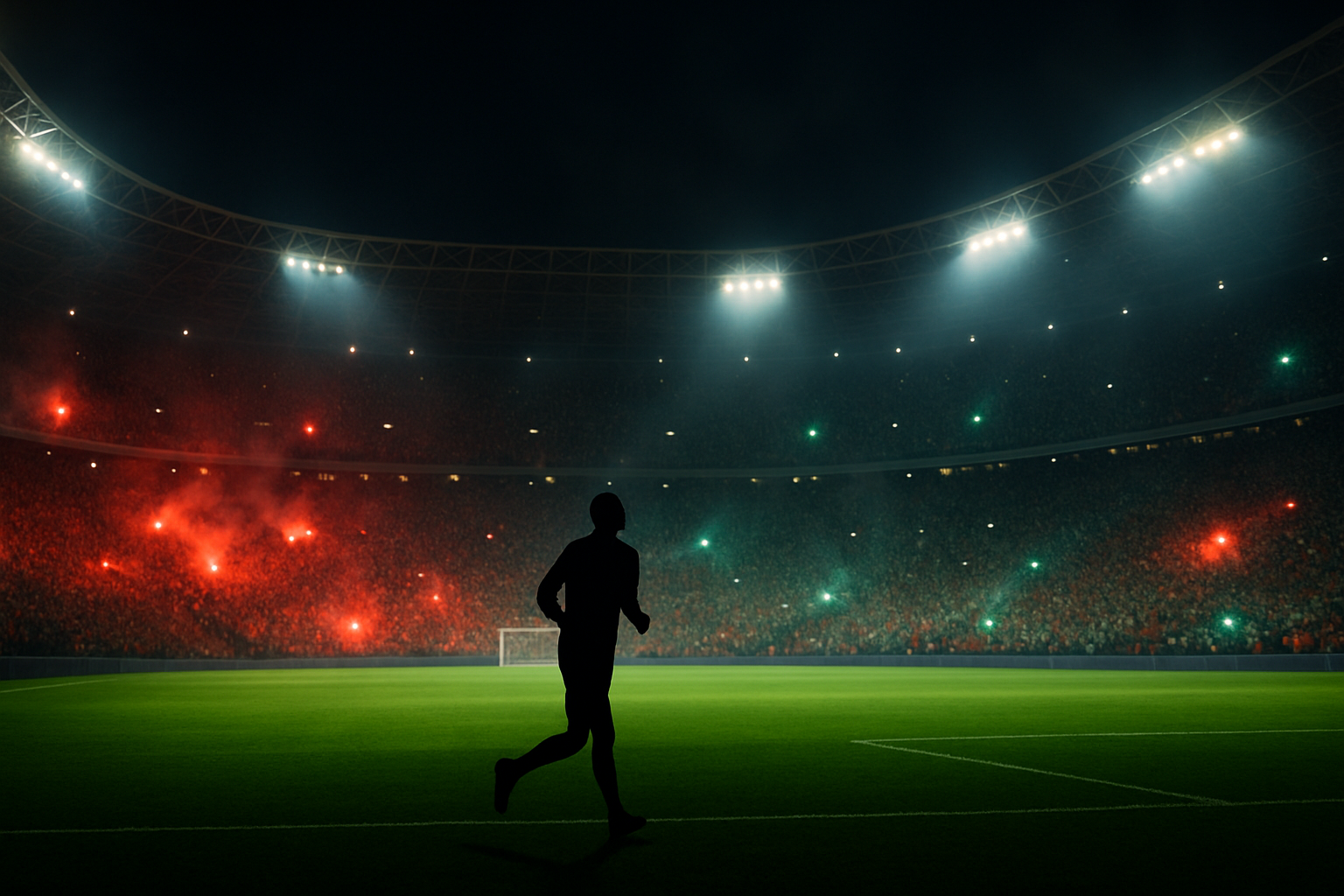 A packed football stadium erupting in celebration as a player runs onto the pitch wearing national team colors