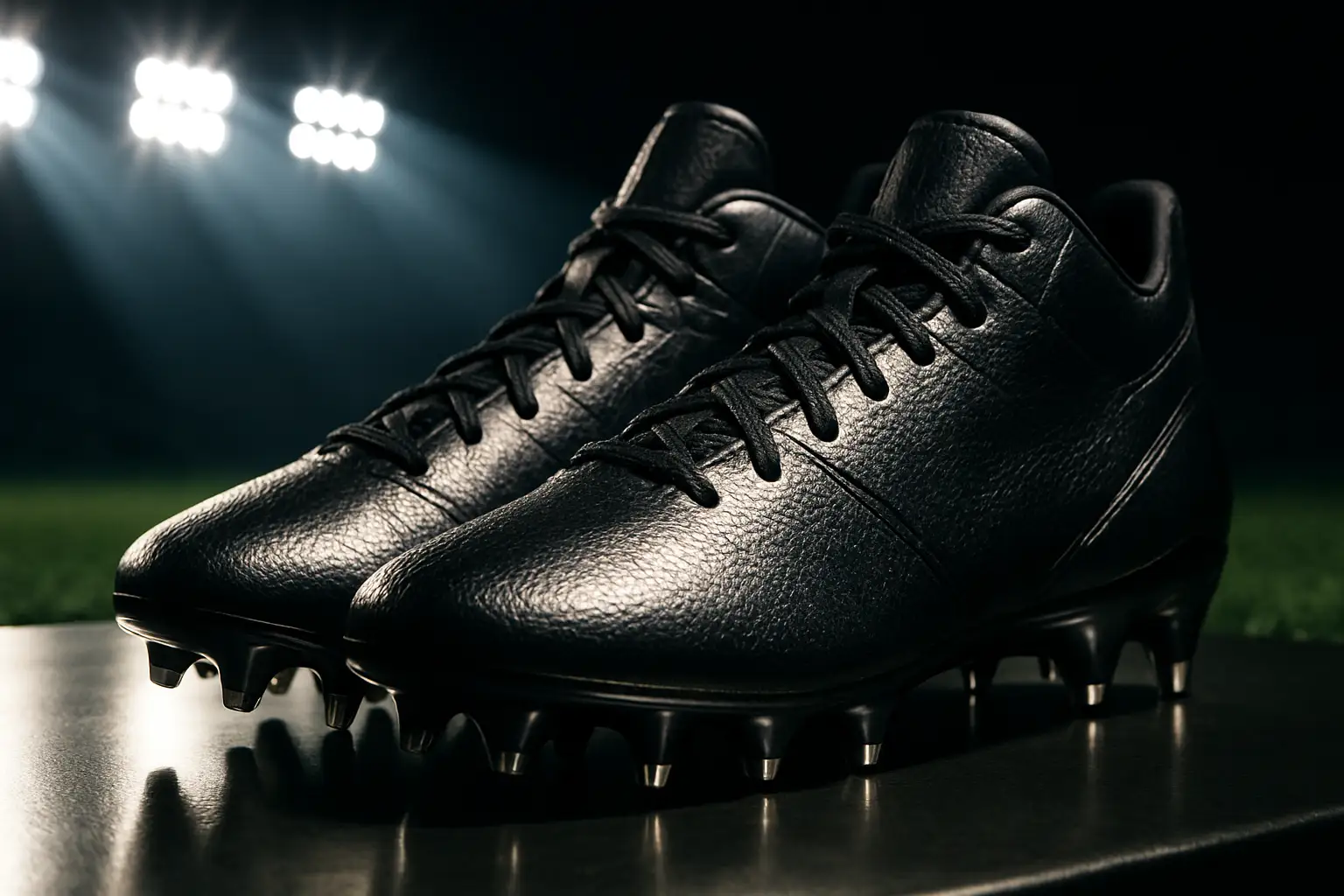 A pair of football cleats displayed on a surface with stadium lighting in the background