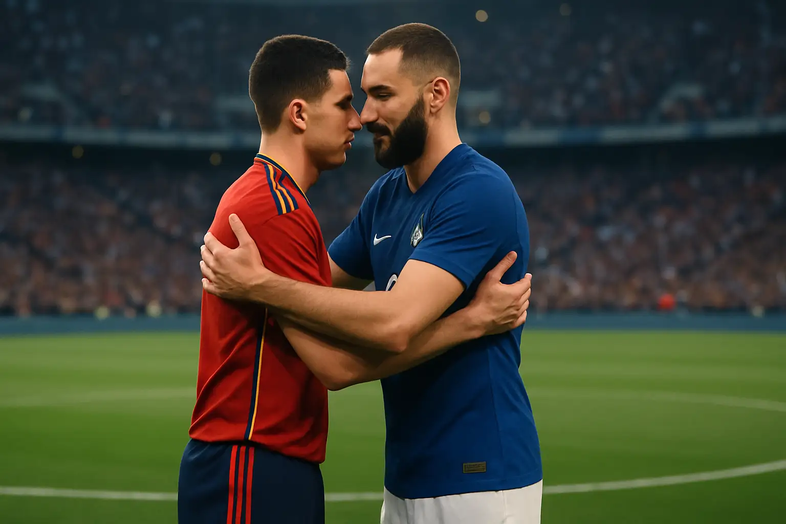 Two international football players sharing a warm embrace on the pitch before a major World Cup match