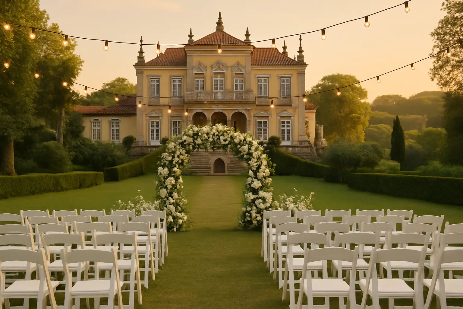 A celebratory wedding scene set against a scenic Portuguese coastal backdrop with flowers and warm evening light
